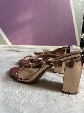 Women's Rose Gold Block Heel Sandals with Sparkling Straps